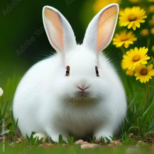 funny little white rabbit on spring green grass ai generated  © Hamza