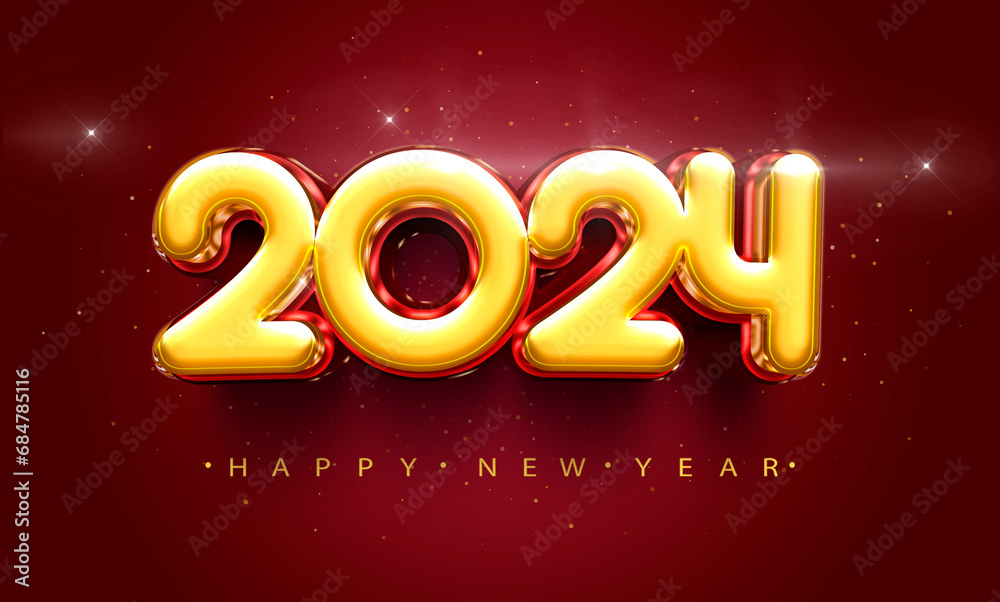 2024 Happy New Year gold text effect banner design 3d.
