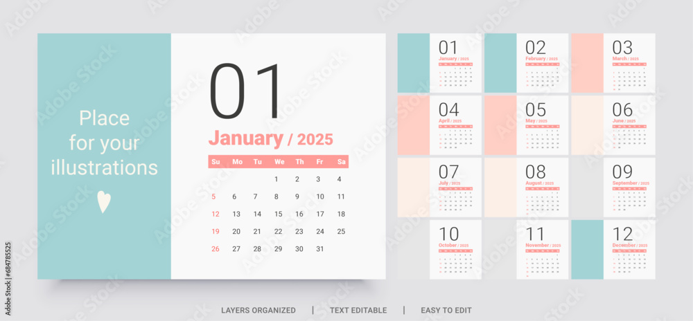 2025 Calendar template design. The week starts on Sunday. Stock Vector ...