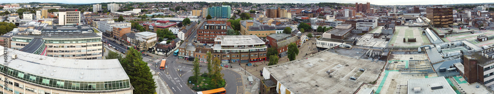 Beautiful Aerial Wide Angle Panoramic View of Central Luton City and Its Buildings