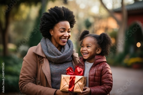 Joyful Mother and Daughter Sharing a Holiday Gift Outdoors 