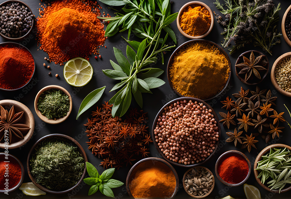 A mesmerizing blend of various dry spices, creating a rich tapestry on a dark banner. A mesmerizing blend of various dry spices, creating a rich tapestry on a dark banner.