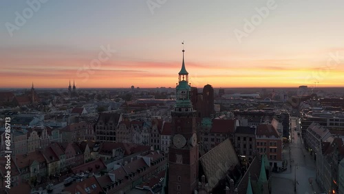 Scenic Aerial View Sunrise or Sunset at Wroclaw Old Town rooftops 