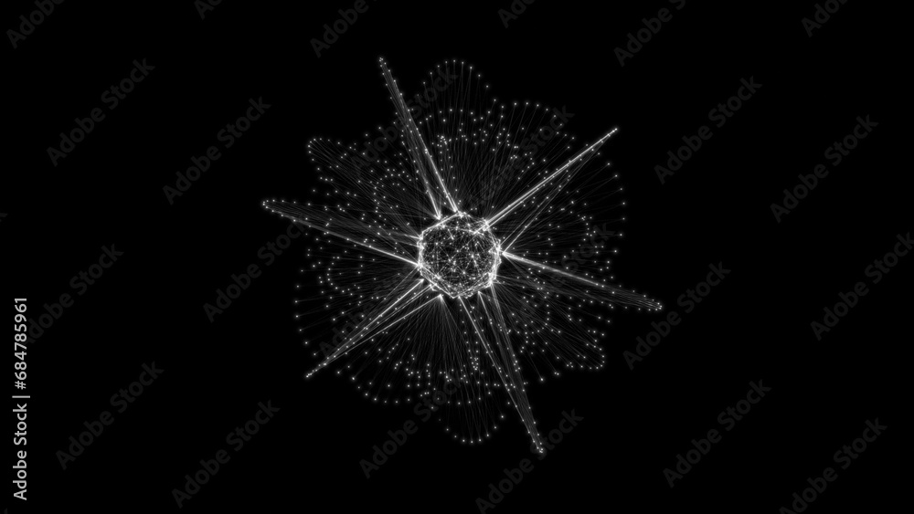 Flowing orbital polygonal sphere shape HUD, FUI element. Plexus style connecting lines and dots.