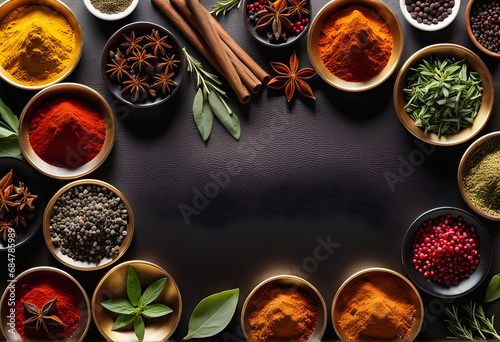 A mesmerizing blend of various dry spices  creating a rich tapestry on a dark banner.