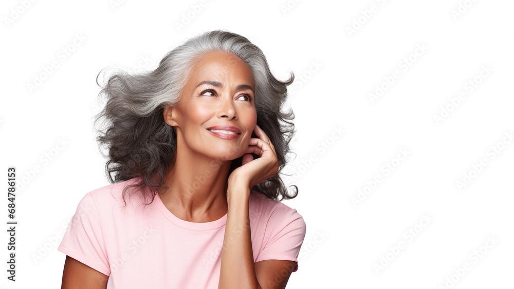Black woman touch face with smooth healthy skin. Beautiful aging young looking woman with long gray hair and happy smiling, beauty and cosmetics advertising concept. Black woman touch face with smooth healthy skin. Beautiful aging young looking woman with long gray hair and happy smiling, beauty and cosmetics advertising concept.