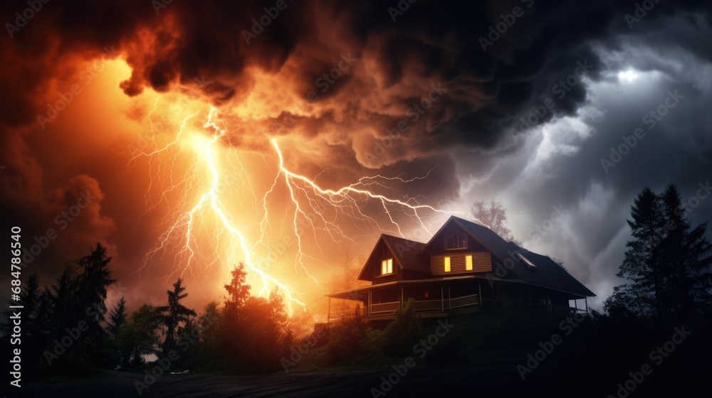 Lightning strikes a detached house. Natural disasters and cataclysms. Real estate insurance.