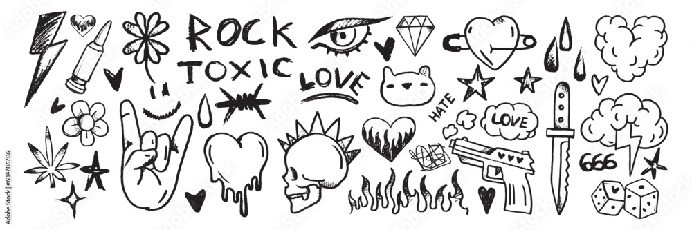 Doodle grunge rock set, vector hand drawn graffiti groovy punk print kit, emo gothic heart sign. Marker scribble sticker, crayon wax paint collage icon, gun, fire, knife, stars. Street grunge doodle