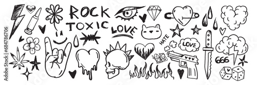 Doodle grunge rock set, vector hand drawn graffiti groovy punk print kit, emo gothic heart sign. Marker scribble sticker, crayon wax paint collage icon, gun, fire, knife, stars. Street grunge doodle photo
