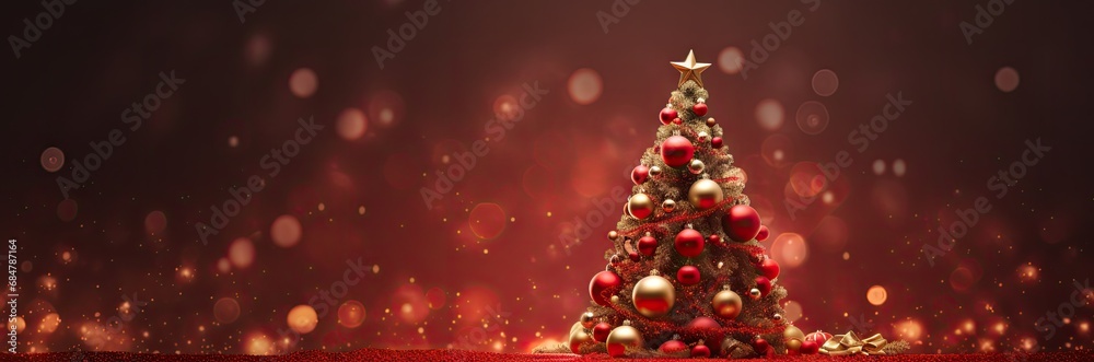  a red and gold christmas tree with red and gold baubles and a star on the top of it.