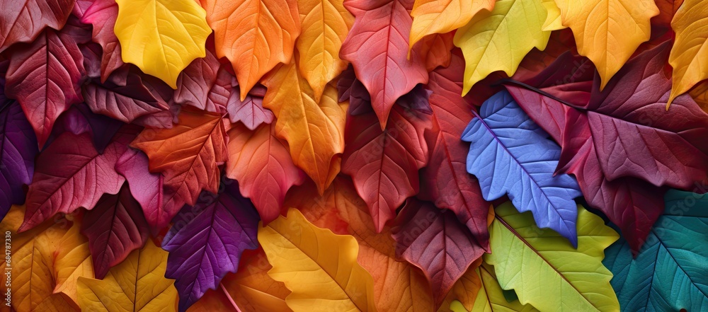 a group of multicolored leaves of different shapes and sizes are arranged in a rainbow - hued pattern.