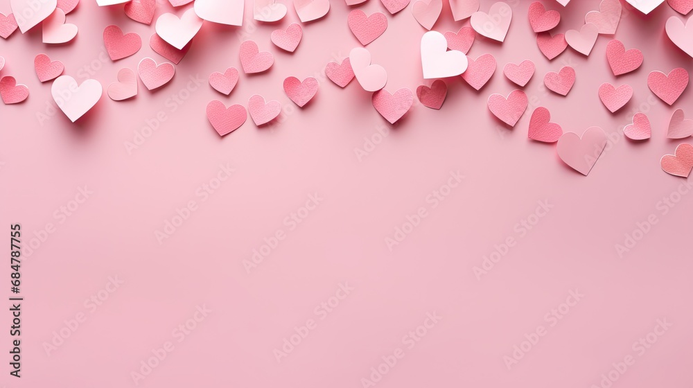  a pink background with lots of heart shaped confetti on the left side of the image and a pink background with lots of heart shaped confetti on the right side.