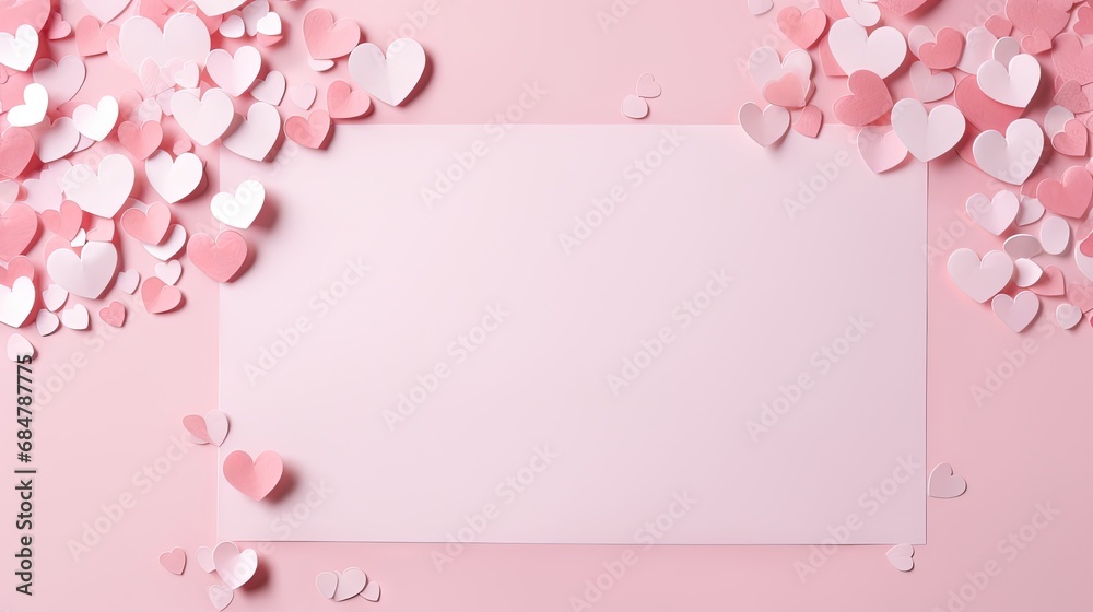  a sheet of paper surrounded by heart shaped confetti on a pink background with a place for a text.