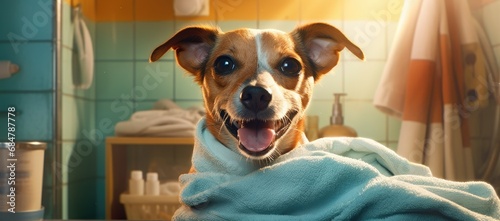  a brown and white dog laying on top of a bath tub covered in a blue towel with it's mouth open. © Jevjenijs