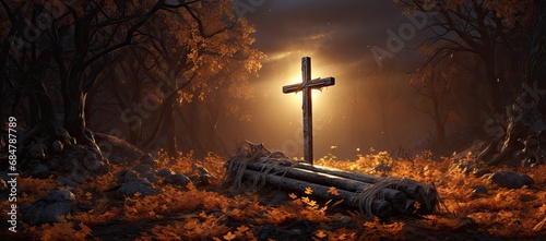  a cross sitting on top of a wooden pole in the middle of a forest under a light that is shining.