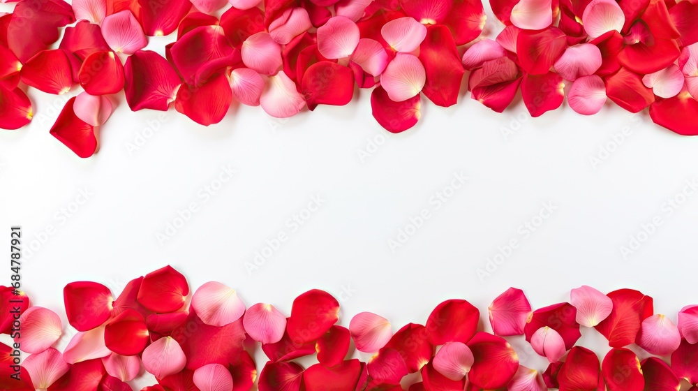 a bunch of red and pink petals on a white background with a place for a text or a name on the left side of the photo. a bunch of red and pink petals on a white background with a place for a text or a name on the left side of the photo.