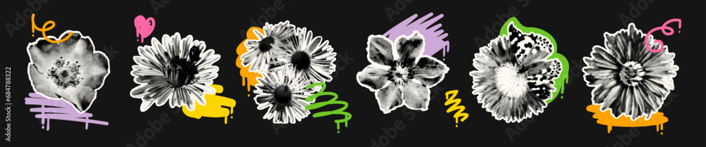 Wild flowers halftone collage elements set. Grunge cut out shapes, dotted clip art with graffiti spray paint scribbles. Trendy modern retro vector illustration for mixed media design - obrazy, fototapety, plakaty 