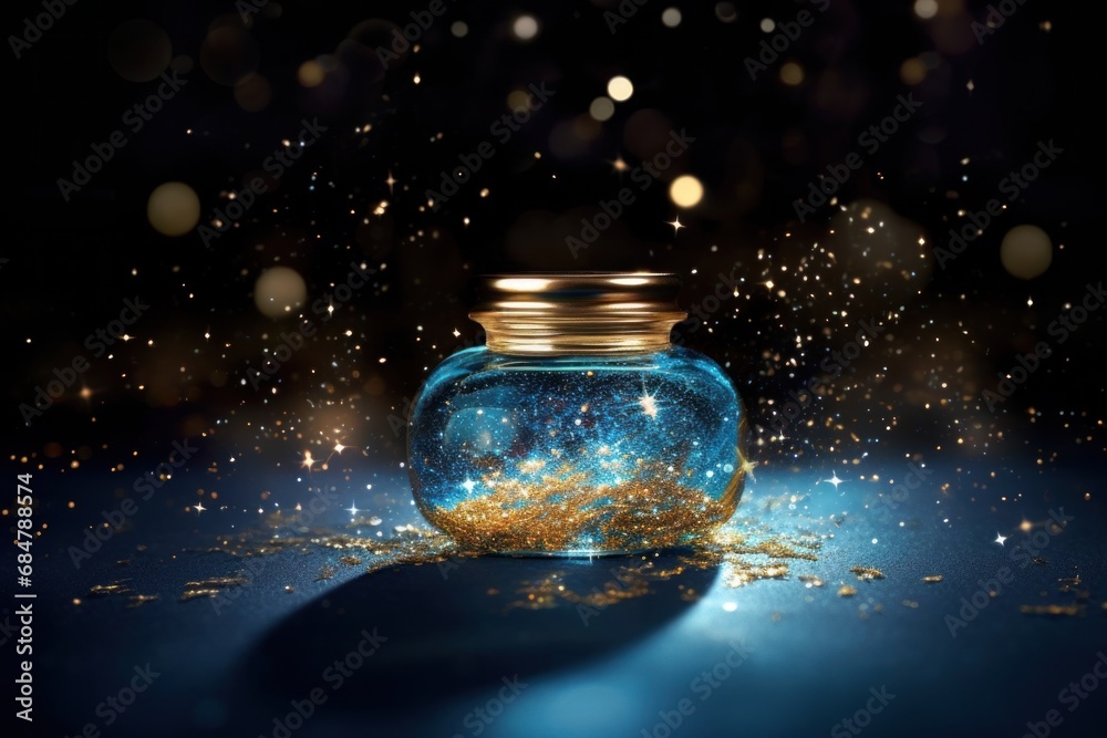Mystical photo of glass jar with metal clasp on wooden table filled with gold glitter and stars on dark blue background with bokeh lights. Magic, fantasy and wonder atmosphere, glittering art
Mystical photo of glass jar with metal clasp on wooden table filled with gold glitter and stars on dark blue background with bokeh lights. Magic, fantasy and wonder atmosphere, glittering art