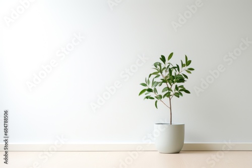 Minimalist and elegant interior design with green plant in white ceramic pot stands on light wooden table against white wall. Simple living, nomadic home design, modern living room interior. 