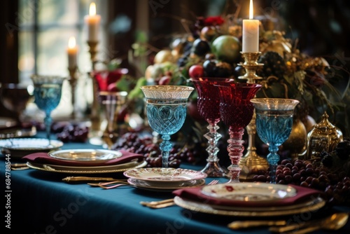 Holiday feast table adorned with jewel toned tableware, set within elegant dining room atmosphere. Exquisite and inviting, luxurious fabrics, harmonious interplay of jewel tones