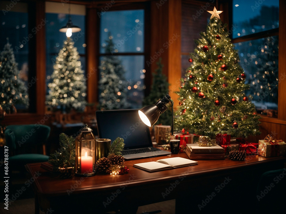 Christmas styled workspace office with garlands and Christmas tree. AI Generative