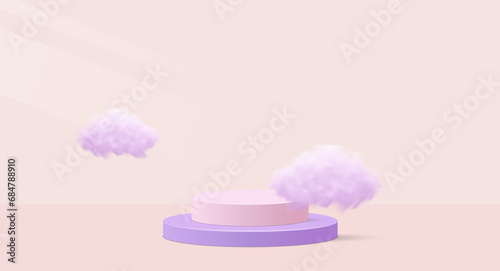 Valentine background vector 3d pink rendering with podium and cloud. Realistic room scene. Stage mockup cosmetic on pink color. Vector illustration concept © Andrii