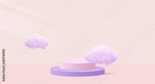 Valentine background vector 3d pink rendering with podium and cloud. Realistic room scene. Stage mockup cosmetic on pink color. Vector illustration concept