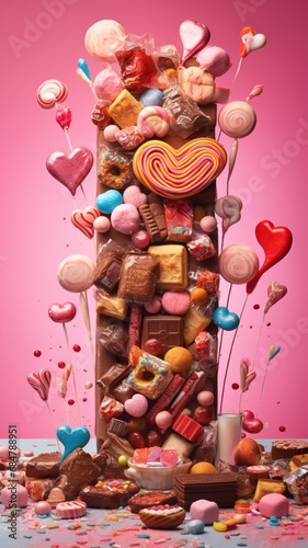 A candy-themed Valentine's gift box, resembling a giant chocolate bar, on a backdrop of assorted candies and sweets.