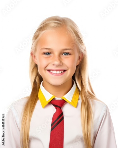 Cheerful blonde little schoolgirl smiling happily at the camera