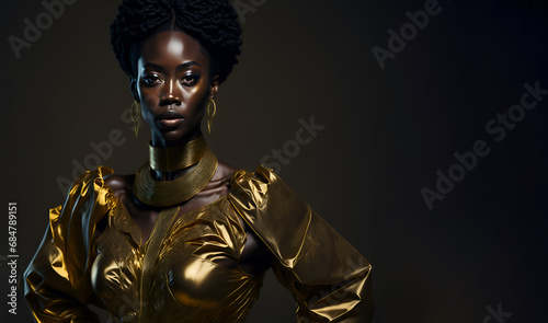 Beautiful black woman with stunning golden outfit. Copy space