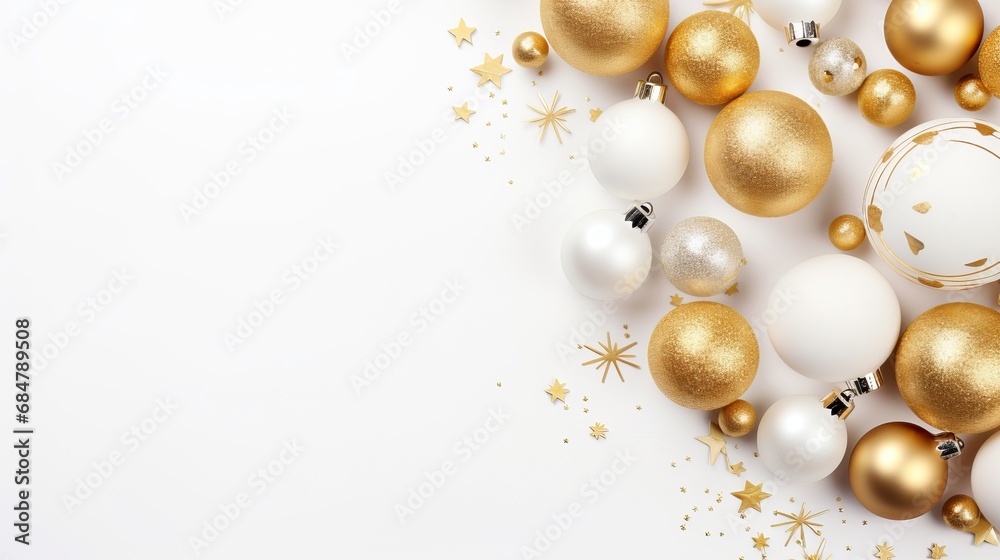A Christmas background featuring white and gold decorations set against a white background. This flat lay includes a top view and ample copy space. A Christmas background featuring white and gold decorations set against a white background. This flat lay includes a top view and ample copy space.