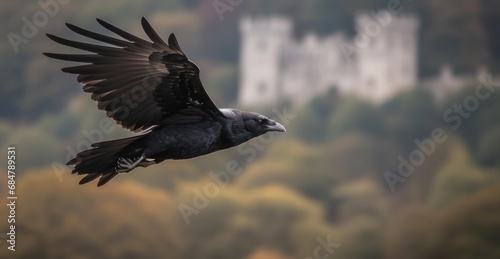 A crow flying in front of a castle in the autumn season. Wildlife. Wilderness Concept.
