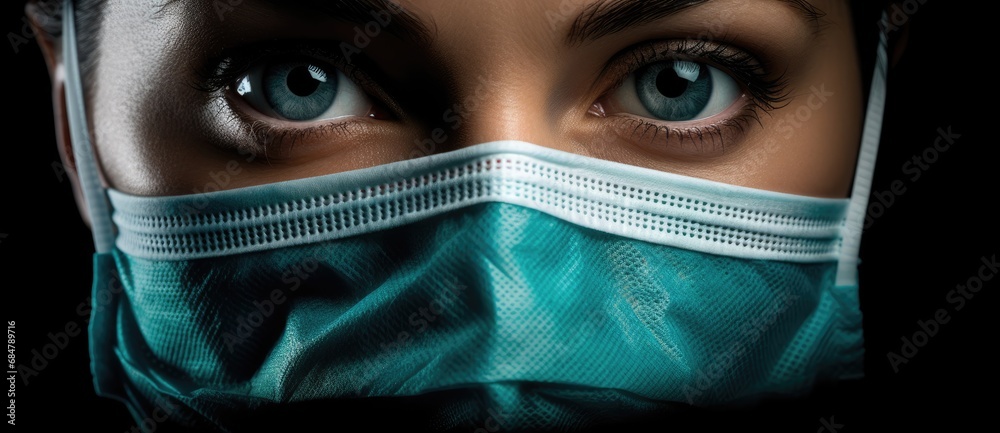  a close up of a person wearing a surgical mask and looking at the camera with a serious look on their face.