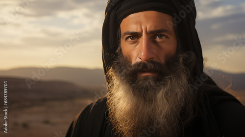 Portarit of a mature man with a long white beard in the desert, dressed in a turban and black tunic. Jewish or arab person, representing Semitic peoples photo