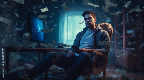Young man sitting in a chair with money and bills flying around him in a dark room with a computer in the background to earn passive income. Wealthy and successful influencer teenager. photo