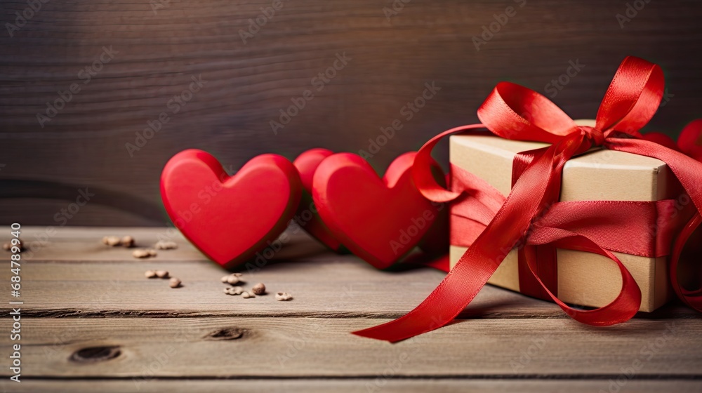 a gift box with a red ribbon tied around it and three hearts next to it on top of a wooden table. a gift box with a red ribbon tied around it and three hearts next to it on top of a wooden table.