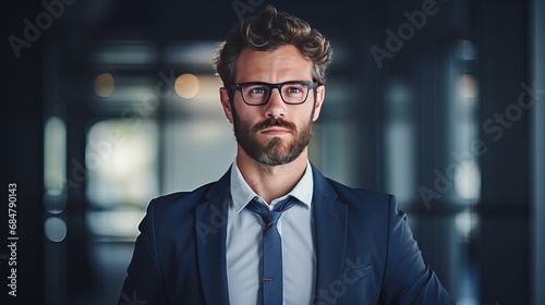 A man with a beard is wearing a red tie and a blue shirt. He has glasses on and looks confused as he looks to the side