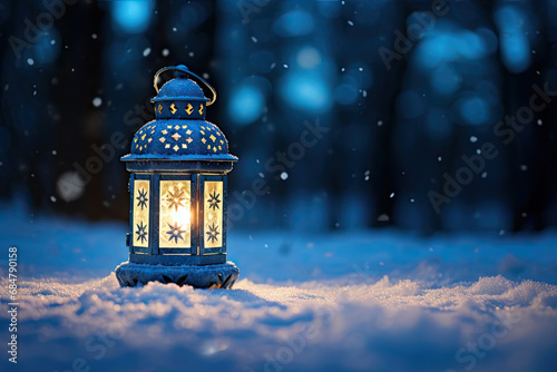 A lantern in the snow with a light on it created with generative AI technology