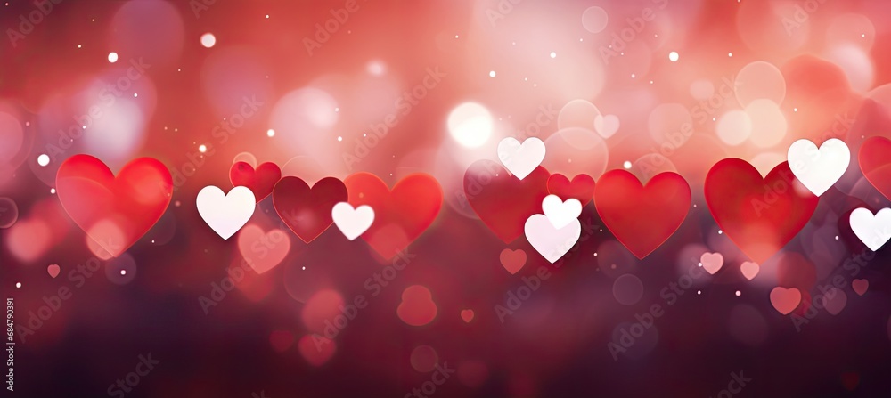  a bunch of red and white hearts on a red and pink background with a boke of lights in the background.