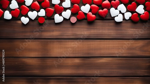  a group of red and white hearts on top of a wooden table with a place for a text or image.