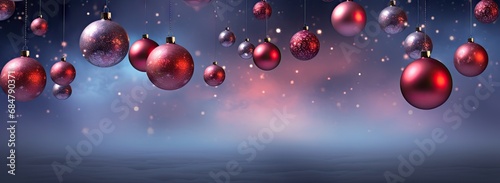  a group of red and silver christmas ornaments hanging from strings on a purple and blue background with snow flakes.