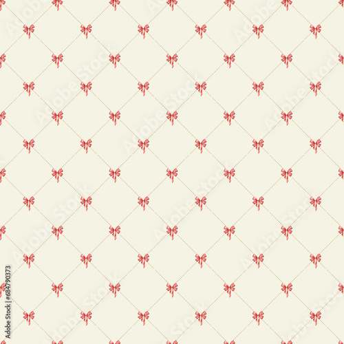 Geometric seamless pattern with red bows and gold mesh.