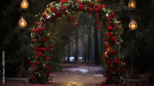 A wedding arch that is filled with festivity