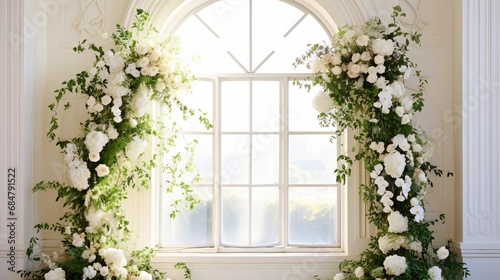 At the wedding ceremony hall, there is a floral arrangement on the white arch.