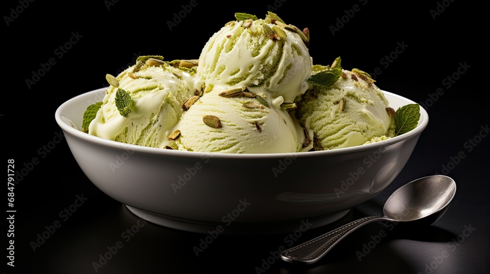 Pistachio ice cream balls in a bowl, on black plain background. Pistachio ice cream balls in a bowl, on black plain background.