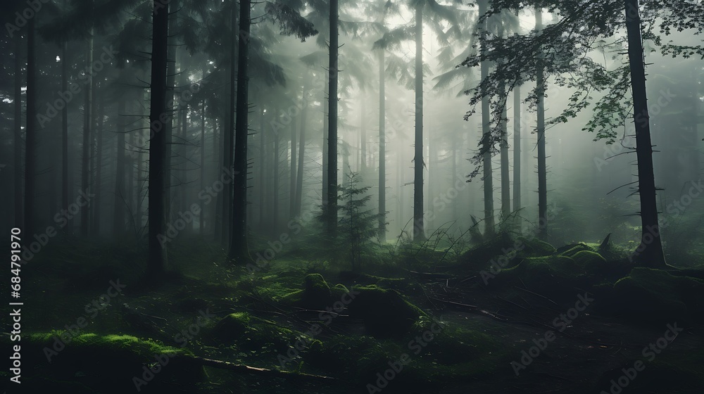 Mystical fog enshrouding a forest
