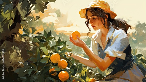 Drawn illustration of a woman picking oranges on a sunny day in Valencia photo