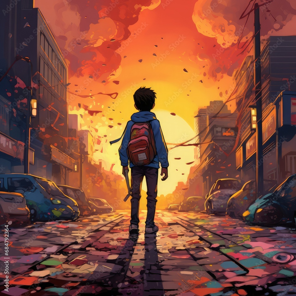 Obraz premium Lonely cartoon boy walking alone in street with kind smiley face, destroying city cartoon illustration