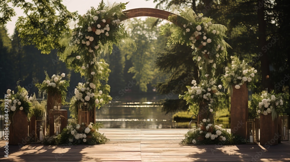 Obraz premium During an outdoor wedding ceremony, greenery is used to create floral compositions.