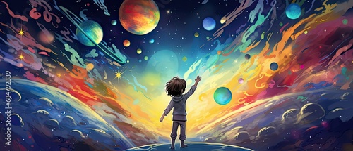 Cute boy with long hair waving in space with many colorful planet destroying cartoon illustration colorful background photo